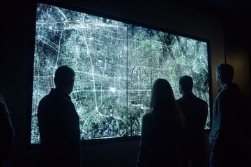 Fototapeta premium Group of People Observing Large Digital Map Display in Modern Urban Environment Highlighting Technology and Innovation in Data Visualization