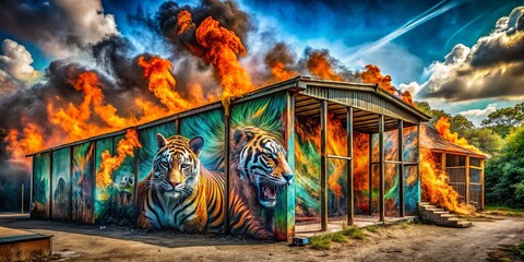 Fiery Animal Enclosure Graffiti Art: Smoke & Flames Urban Wildlife Habitat
