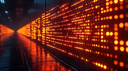 Futuristic server room hallway lit by glowing orange data streams.  Dynamic digital wall display