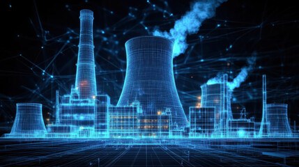 digital art rendering of the nuclear power plant with blue glowing accents