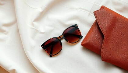 Elegant essentials with a touch of style: sunglasses and terracotta clutch on gentle cream fabric, summer fashion minimal arrangement