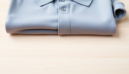 Folded serene blue polo shirt atop a light wooden surface, perfect for showcasing clothing presentation