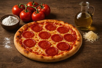 pizza, Italian food, pepperoni, sausage, mozzarella, cheese pull, basil, tomato, garlic, olive oil, oregano, chili pepper, Parmesan, marinara, rustic, wood table, food photography, baked, crispy crust