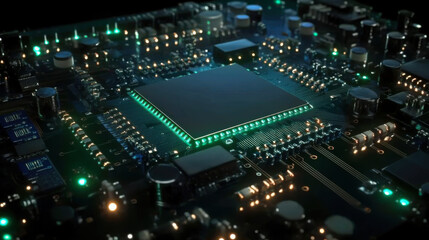 Fototapeta premium Glowing computer chip and CPU motherboard technology circuit board .