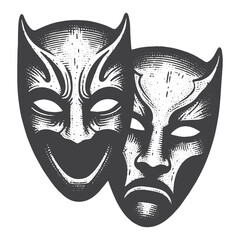 Naklejka premium Vintage Hand-Drawn Halloween with Horror Masks Illustration – Spooky Night Engraved Style Vector for T-Shirts, Posters, Stickers, and Halloween Themes Apparel