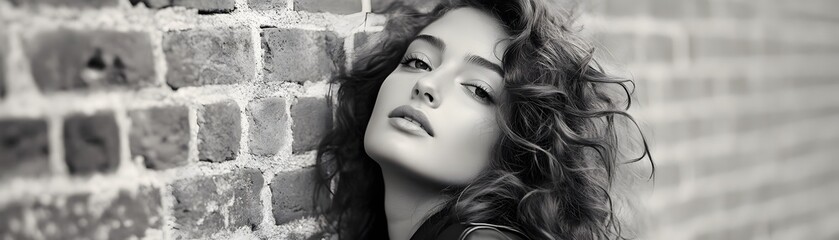 Naklejka premium Black and white portrait of a woman near a brick wall.