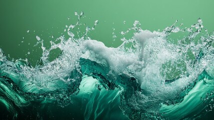 Dynamic close up of water splash with vivid blue-green hues against pale green background
