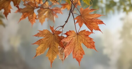 Fototapeta premium Close-up of maple leaves on branch against blurred background, landscape, design