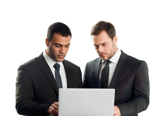 Obraz premium Two business people collaborating on a laptop isolated on transparent background