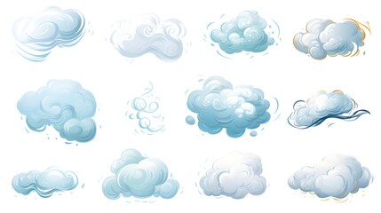 Illustrations of Isolated Cartoon Weather, Wind, and Clouds for Various Creative Uses