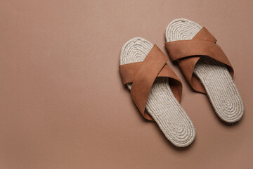 Fototapeta na wymiar Stylish brown sandals on color background