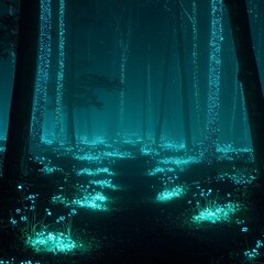 Obraz premium Enchanted Forest at Night Glowing Blue Flowers and Mystical Trees