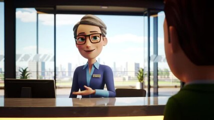 Friendly animated hotel receptionist attending to a guest in a modern stylish lobby