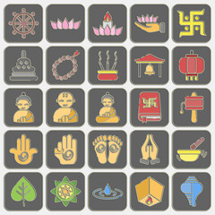 Icon set of buddhism. Buddhism and vesak elements. Icon in embossed style.