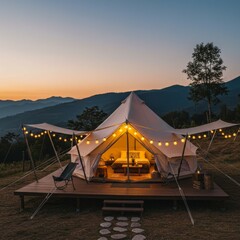 Luxury Glamping Tent at Sunset with Mountain View