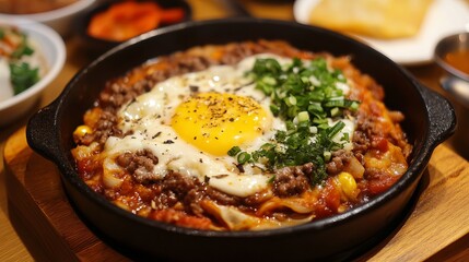 Delicious Savory Ground Beef Egg Dish with Tomato Sauce and Spring Onions Tasty Food Photography Restaurant Menu Asian Cuisine Recipe Hot Meal Dinner 