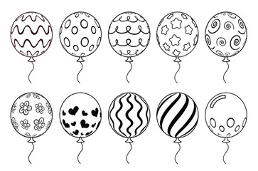 Balloon outline elements clipart set. Inflatable floating balloons with printed pattern drawing icon clip art collection for birthday party celebration vector illustration.
