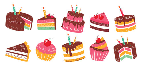 Birthday cake elements clipart set. Cupcake with chocolate and strawberry flavor for birthday party celebration clip art collection slice and whole sweet dessert vector illustration.