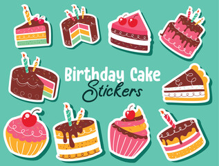 Birthday cake stickers clipart set. Cupcake sticker elements for birthday party decoration clip art collection sweet dessert in green background vector illustration.
