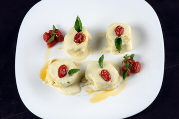 bowl with sweet dessert condensed milk with strawberry syrup tasty high-calorie food taste