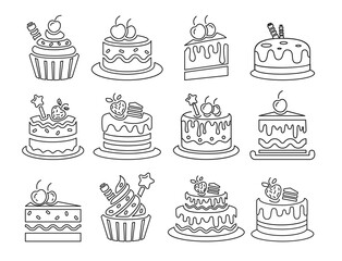 Birthday cake outline clipart set. Cupcake icon elements clip art collection for birth day party, anniversary and wedding dessert food hand drawn symbol vector illustration.
