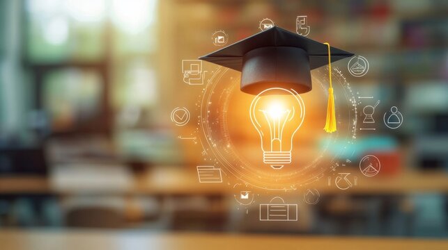 Smart education symbol, graduation cap with glowing light bulb and technology icons around it in a blurred classroom generative ai