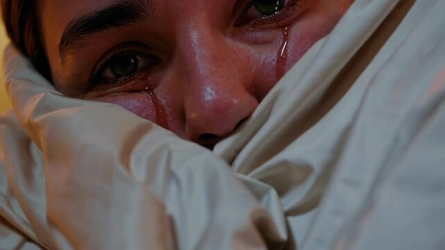 Young woman crying blood tears in bed