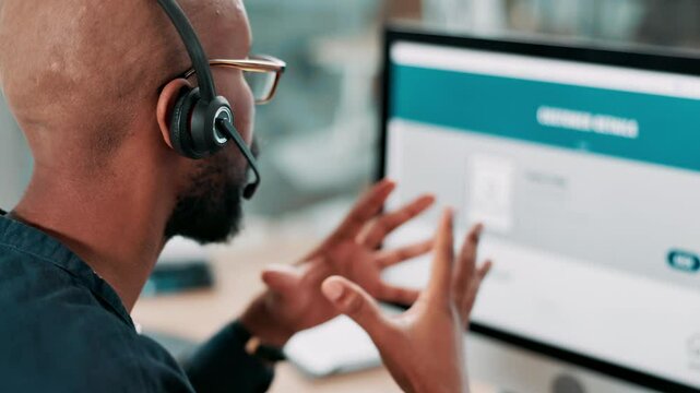 Advice, man and computer screen with microphone in call center for account management, online help or assistance. Back, agent and consulting client for technical support, order processing and inquiry