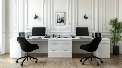 Elegant, symmetrical office workspace design.