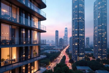 Fototapeta premium Modern condo building exterior, city skyline view , elevation, cityscape, skyscraper