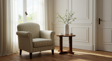Serene Interior: Striped Armchair, Vase, & Cozy Decor - Home Comfort, Natural Light, Elegant Design, Interior Styling, Relaxation Space