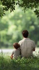 Father and son enjoying a peaceful moment in nature. 