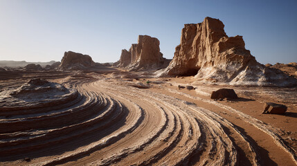 Sunlit desert landscape with layered sandstone ridges and towering rock formations, showcasing dramatic erosion patterns and natural textures.