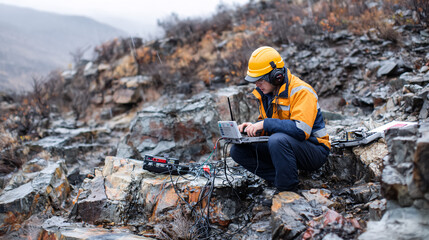 Geologist in safety gear operates electronic equipment and laptop on wet rocky terrain during fieldwork in rainy mountainous environment.