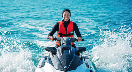 Obraz premium Middle Eastern woman in sporty burkini riding a jet ski across sparkling blue sea,