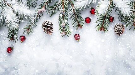 Snowy Pine Branches Decorated With Red Ornaments And Pine Cones on White Background