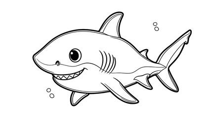 Fototapeta premium Adorable cartoon shark smiling with bubbles in the ocean. Black and white.