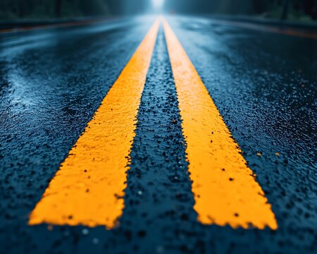 Wet asphalt road with yellow lines