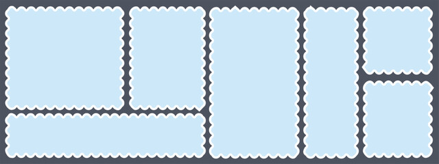 Blue postage stamps set. Post stamp frames and borders. Ellipse, rectangle, square template for mail, postcard, letter, note. Jagged wavy edge forms. Vector zigzag objects for sticker, badge