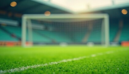 Fototapeta premium Close-up of a football goal post with a blurry background showing a green field , stadium, points
