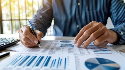 Business Professional Analyzing Financial Reports and Data Charts
