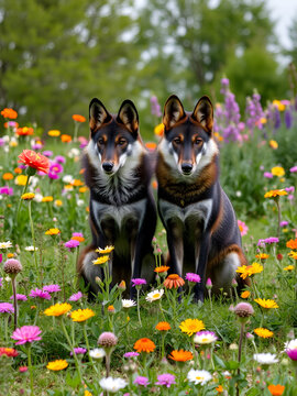 Dos zorros juntos en un campo de flores