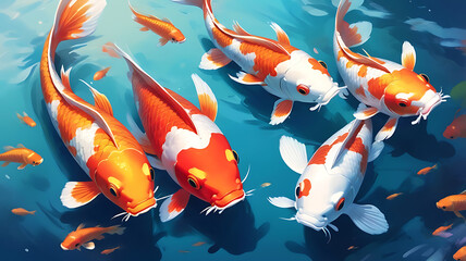 Artistic illustration of vibrant Koi fish swimming in a tranquil, blue pond