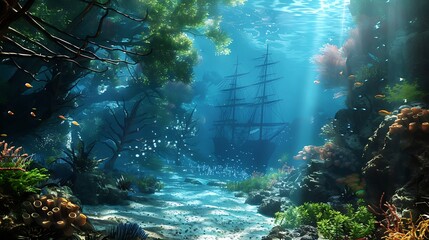 Obraz premium Submerged Ship Amidst Colorful Coral Reefs And Sunlit Underwater Environment