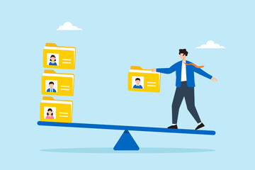Flat illustration of human resource manager balancing candidate profile folders on seesaw to sort applicants for recruitment decision and onboarding approval