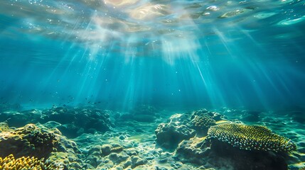 Fototapeta premium Sunlight Streaming Through Blue Water over a Vibrant Coral Reef Underwater