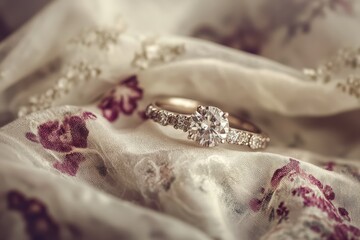 Elegant diamond engagement ring resting on delicate floral fabric, showcasing timeless beauty and romance, perfect for weddings, love stories, and jewelry collections.