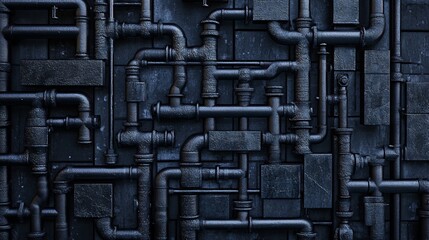 Intricate network of industrial pipes and metal structures creates a captivating abstract pattern