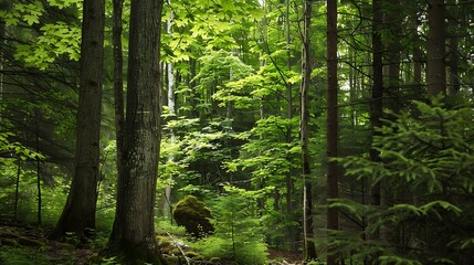 Sunlit Forest Interior Showing Tall Trees Green Leaves and Natural Environment