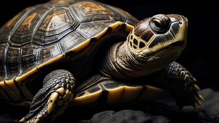 Obraz premium Close up portrait of a detailed turtle showcasing its textured shell and features.